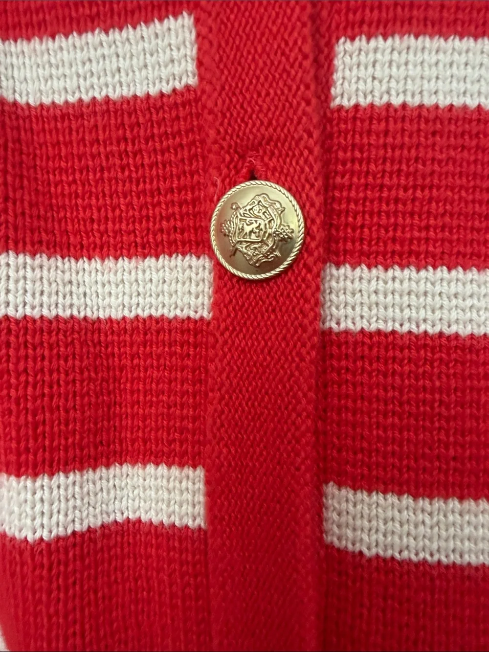 J. Crew Red and Cream Striped Crewneck Cardigan with Gold Buttons